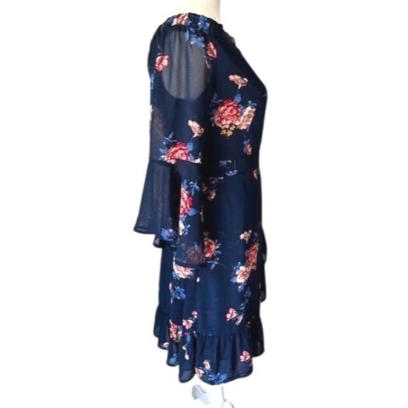 Xhilaration Floral Off-The-Shoulder Ruffle Navy Blue & Pink Dress Size Medium - Picture 10 of 12